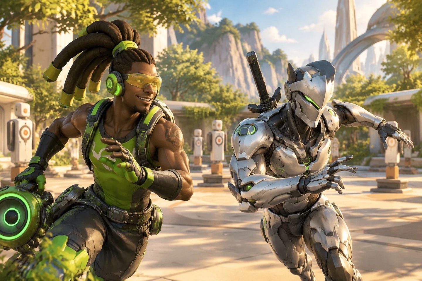 Fan illustration of Lúcio and Genji practising in a sunlit training courtyard